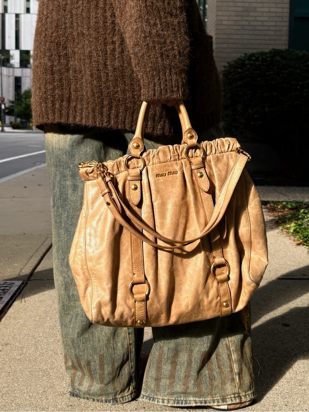Miu Miu Beige Tan Gathered Leather Shoulder Bag with Gold Hardware